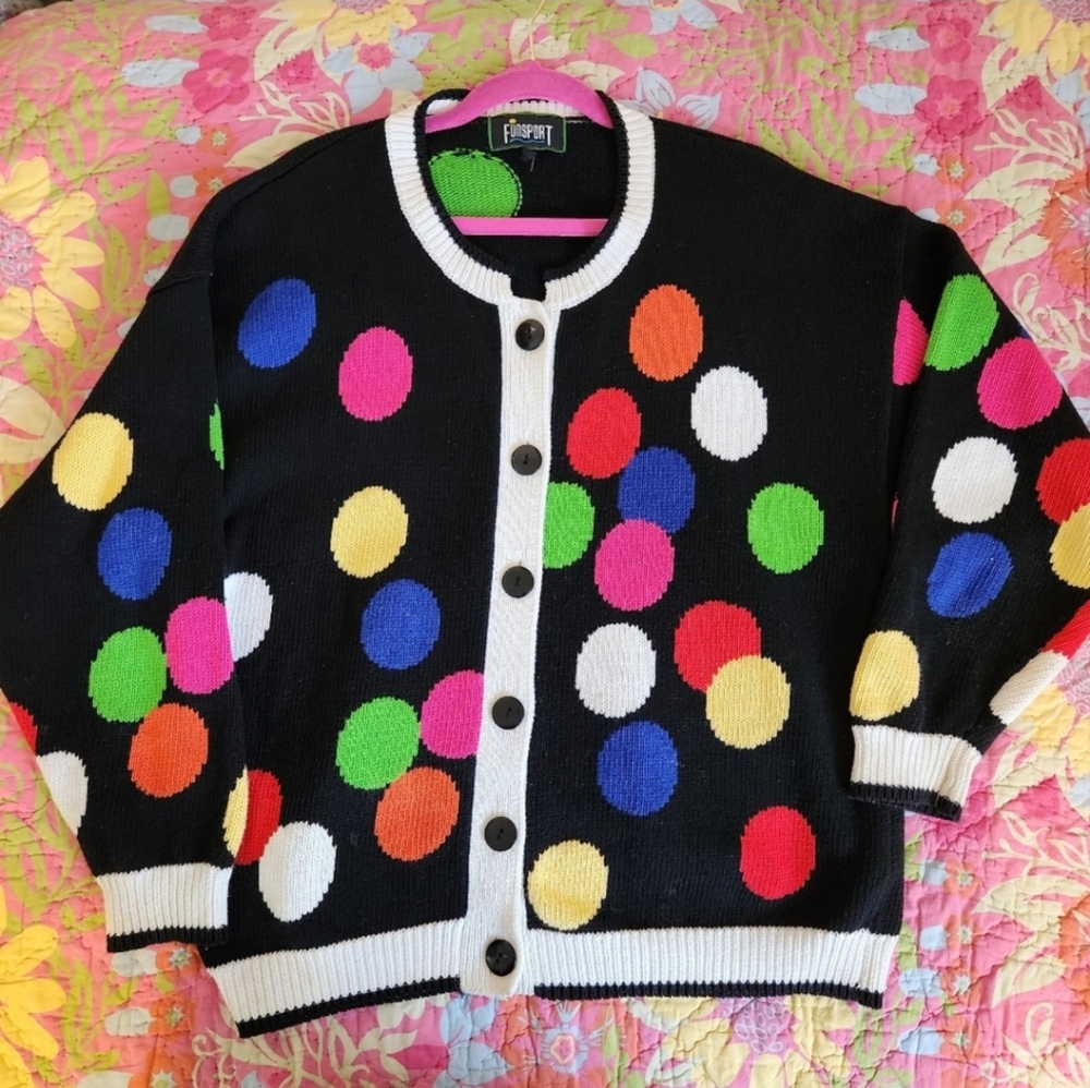 Vintage 💯 cotton Polka Dot Sweater Cardigan  80s 90s 1990s Cabincore Preppy - Picture 9 of 9